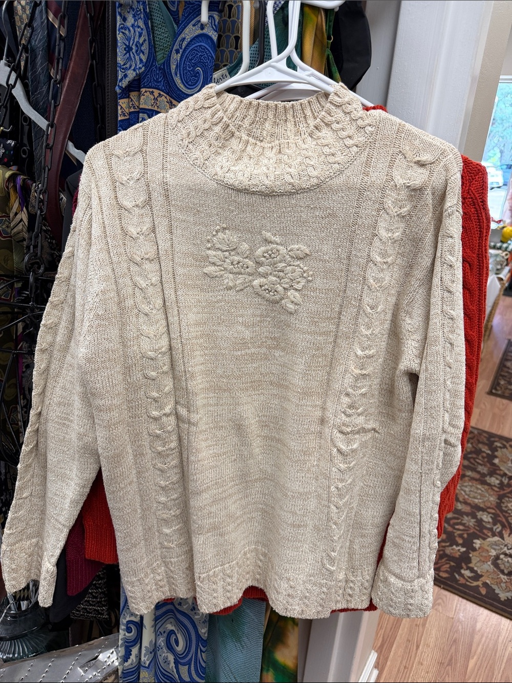Winter Silks - Neutral Cable-Knit Floral Mock Neck Sweater - Women